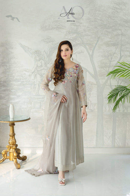 Blossom Paneled Maxi Dress - Pure Tissue Silk with Pearls - Luxury Pakistani Formal Wear | Armia Official
