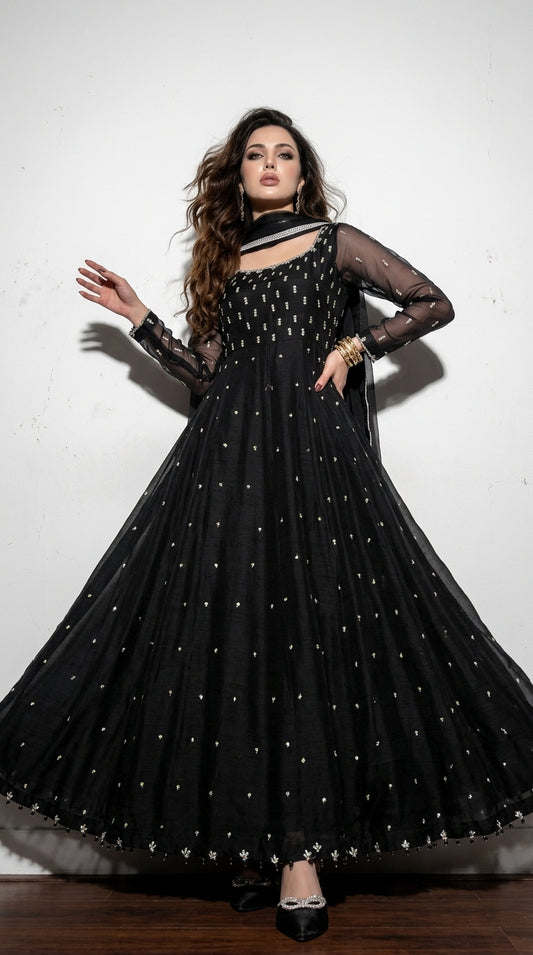 Moonlight Elegant Maxi Dress - Black Korean Silk Pakistani Wedding Outfit | Armia Official