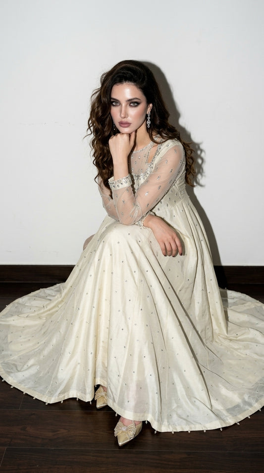 Noor Embroidered Ivory - Formal Maxi Dress with Organza Dupatta