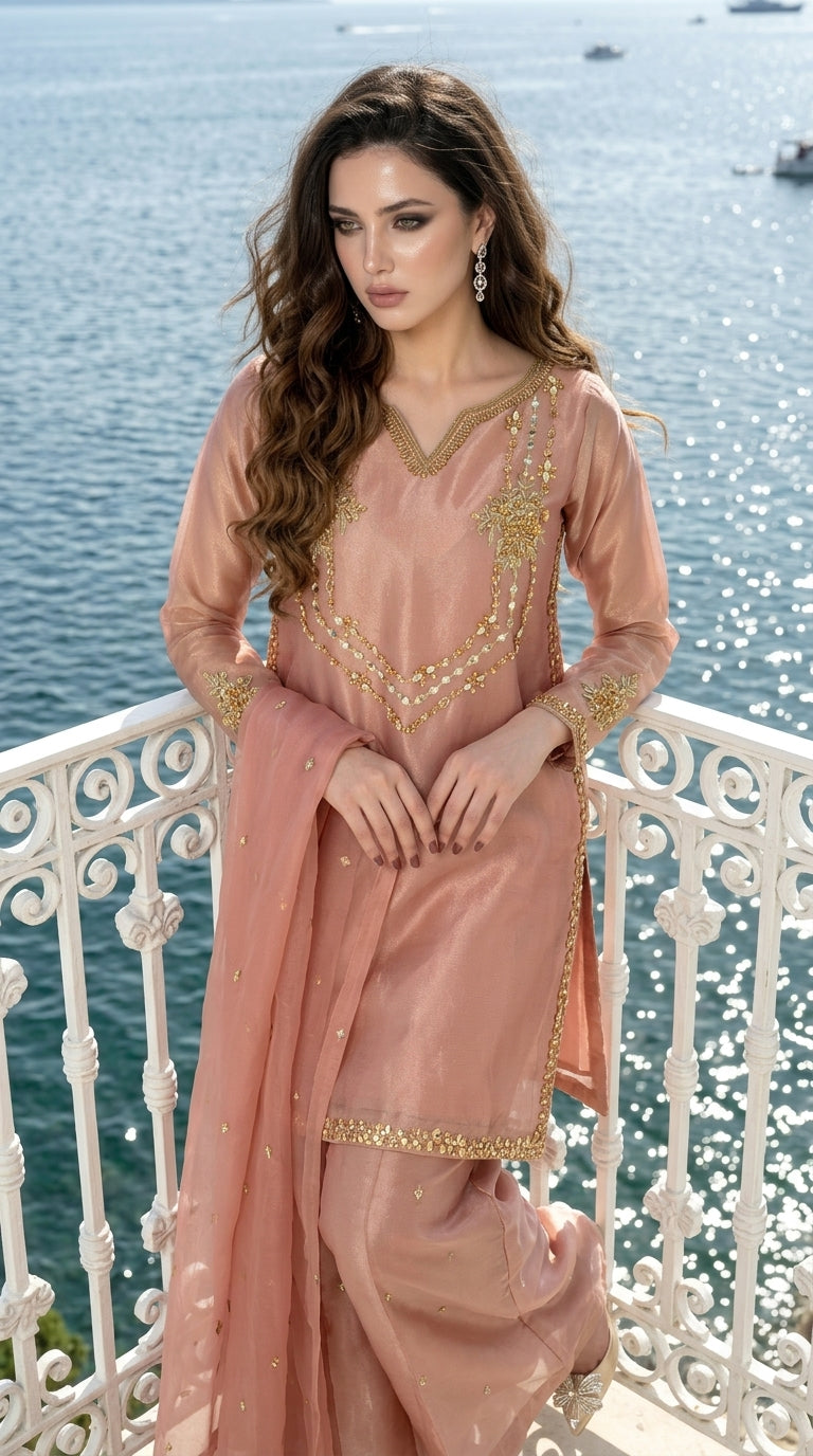 Rose Gold Hand-Embroidered Sharara 3-Piece Set