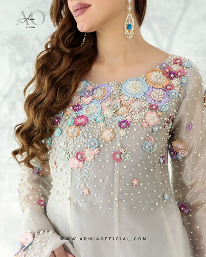 Blossom Paneled Maxi Dress - Pure Tissue Silk with Pearls