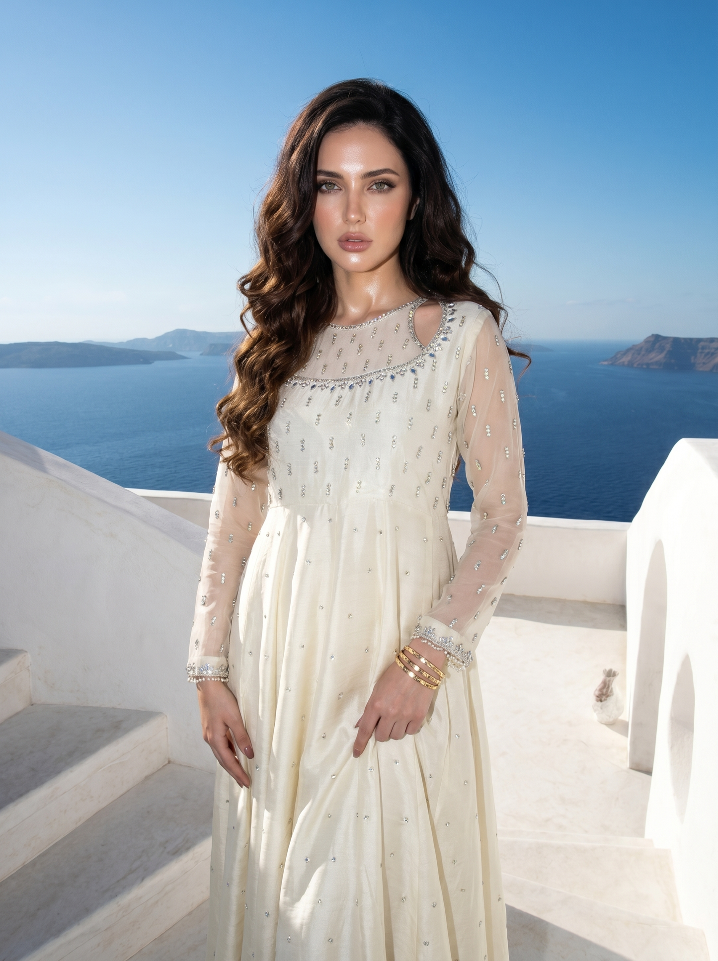 Noor Embroidered Ivory - Formal Maxi Dress with Organza Dupatta
