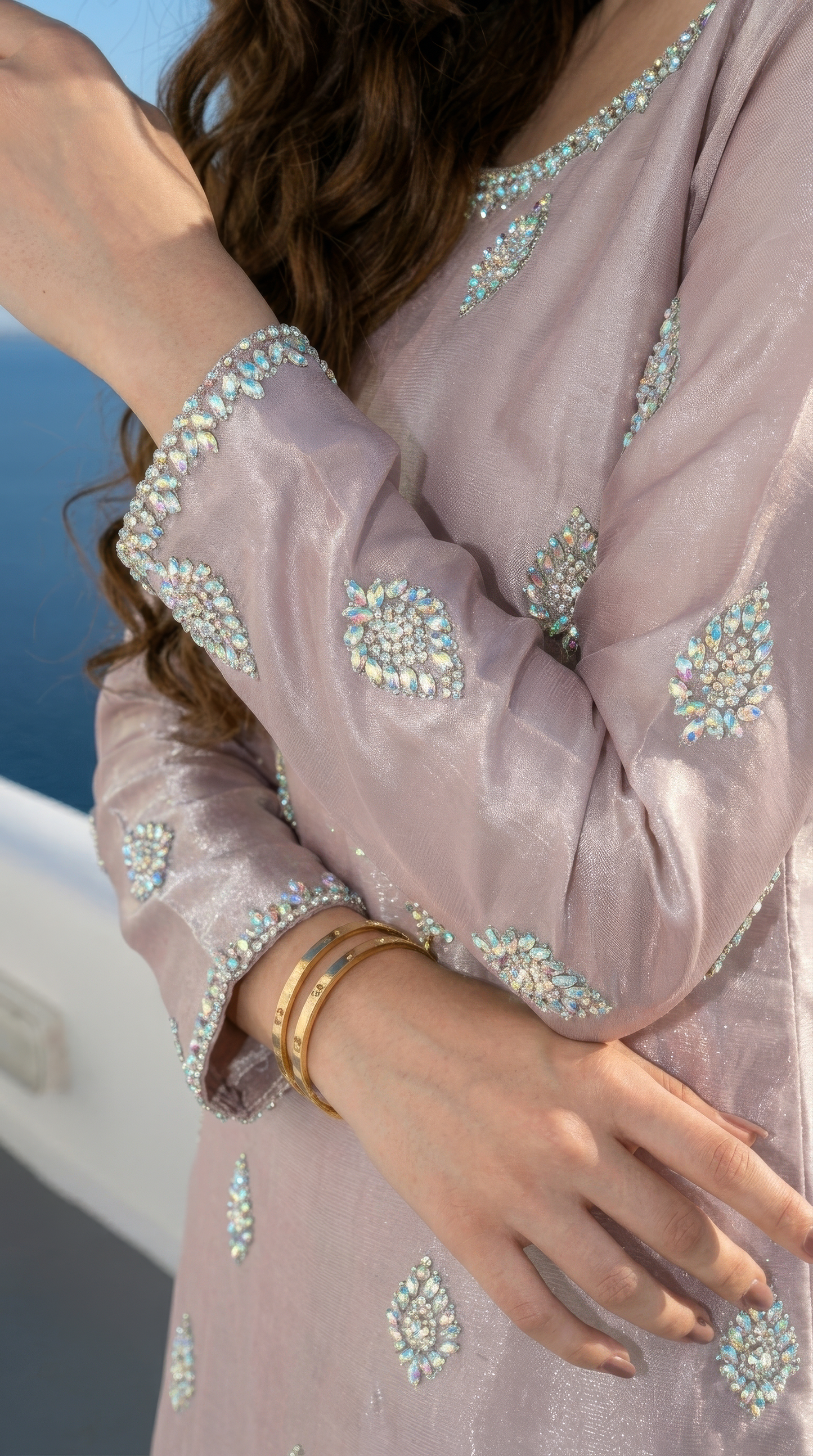 Starlight Kaftan Close-Up - Swarovski Embroidered Sleeve Detail on Pink Tissue Silk | Armia Official
