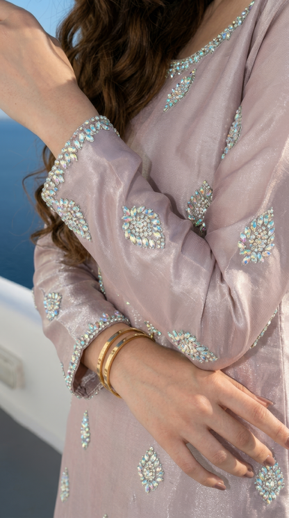 Starlight Kaftan Close-Up - Swarovski Embroidered Sleeve Detail on Pink Tissue Silk | Armia Official
