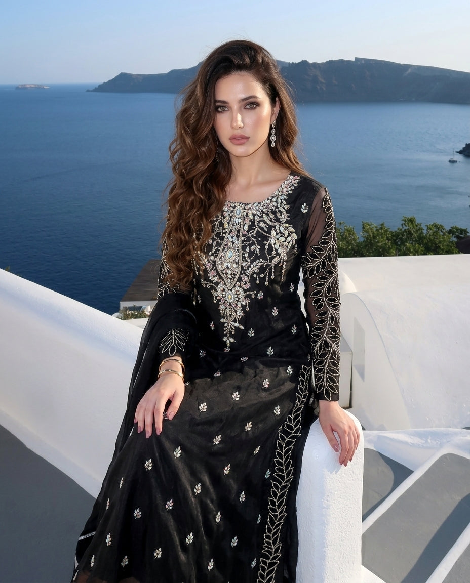 Glimmer Black Kattan Silk Dress - Gold Swarovski Embroidery Close Up | Armia Official