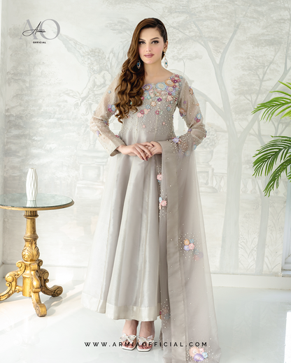 Blossom Paneled Maxi Dress - Pure Tissue Silk with Pearls