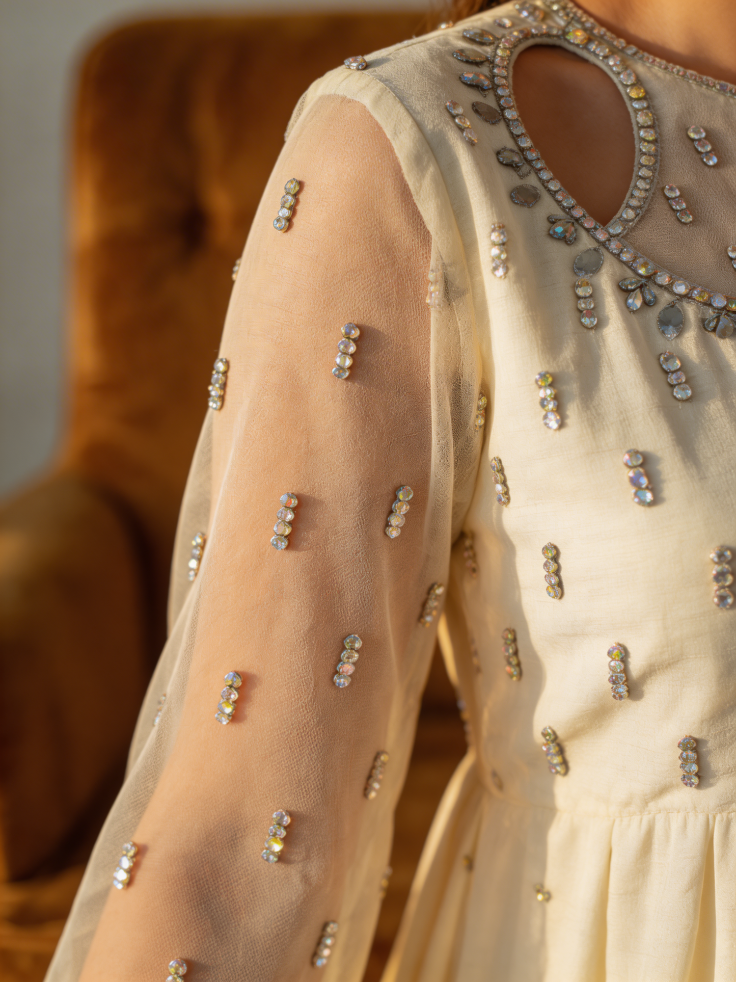 Noor Ivory Dress - Hand-Embellished Sleeve & Neckline Close Up | Armia Official