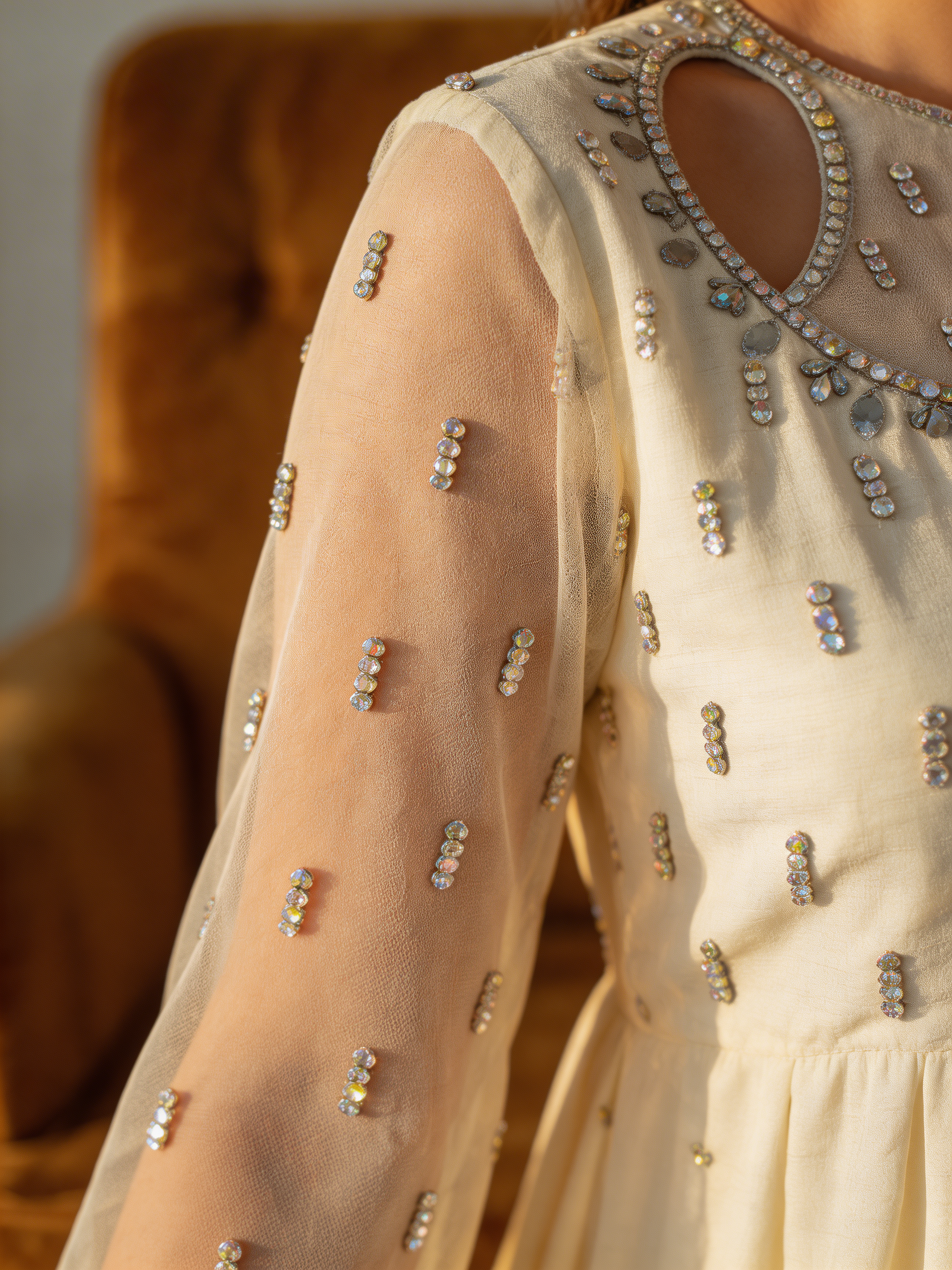 Noor Ivory Dress - Hand-Embellished Sleeve & Neckline Close Up | Armia Official
