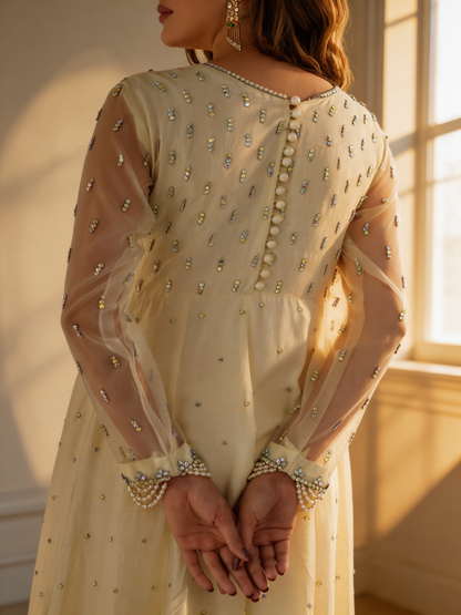 Noor Embroidered Ivory - Formal Maxi Dress with Organza Dupatta