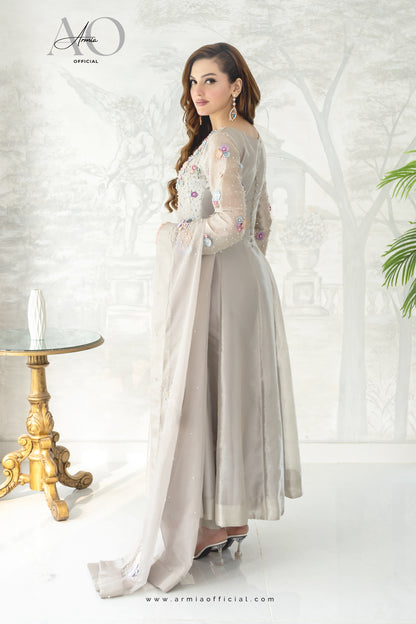 Blossom Paneled Maxi Dress - Pure Tissue Silk with Pearls