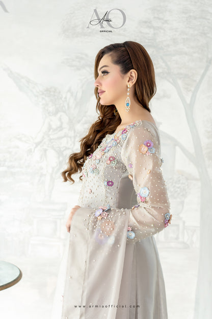 Blossom Paneled Maxi Dress - Pure Tissue Silk with Pearls