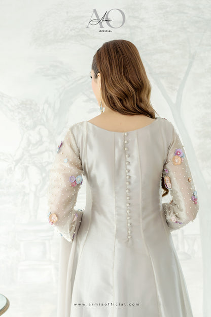 Blossom Paneled Maxi Dress - Pure Tissue Silk with Pearls