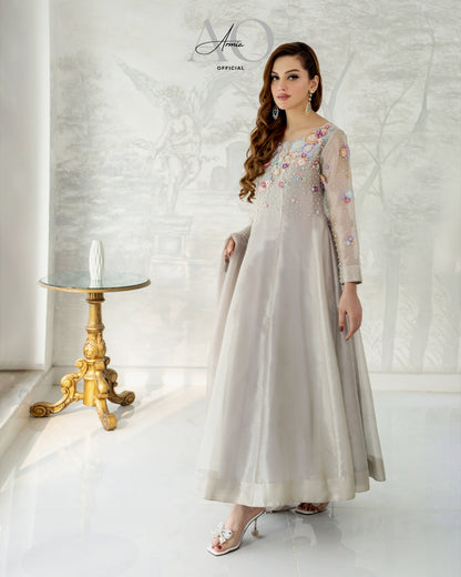 Blossom Paneled Maxi Dress - Pure Tissue Silk with Pearls
