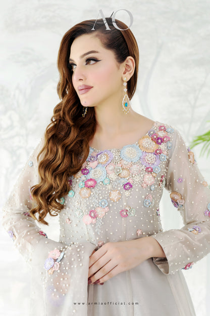 Blossom Paneled Maxi Dress - Pure Tissue Silk with Pearls