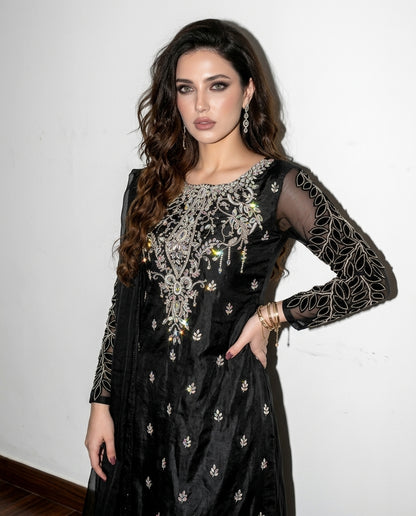 Glimmer Black Swarovski Dress - Side View with Organza Dupatta, Studio Flash | Armia Official