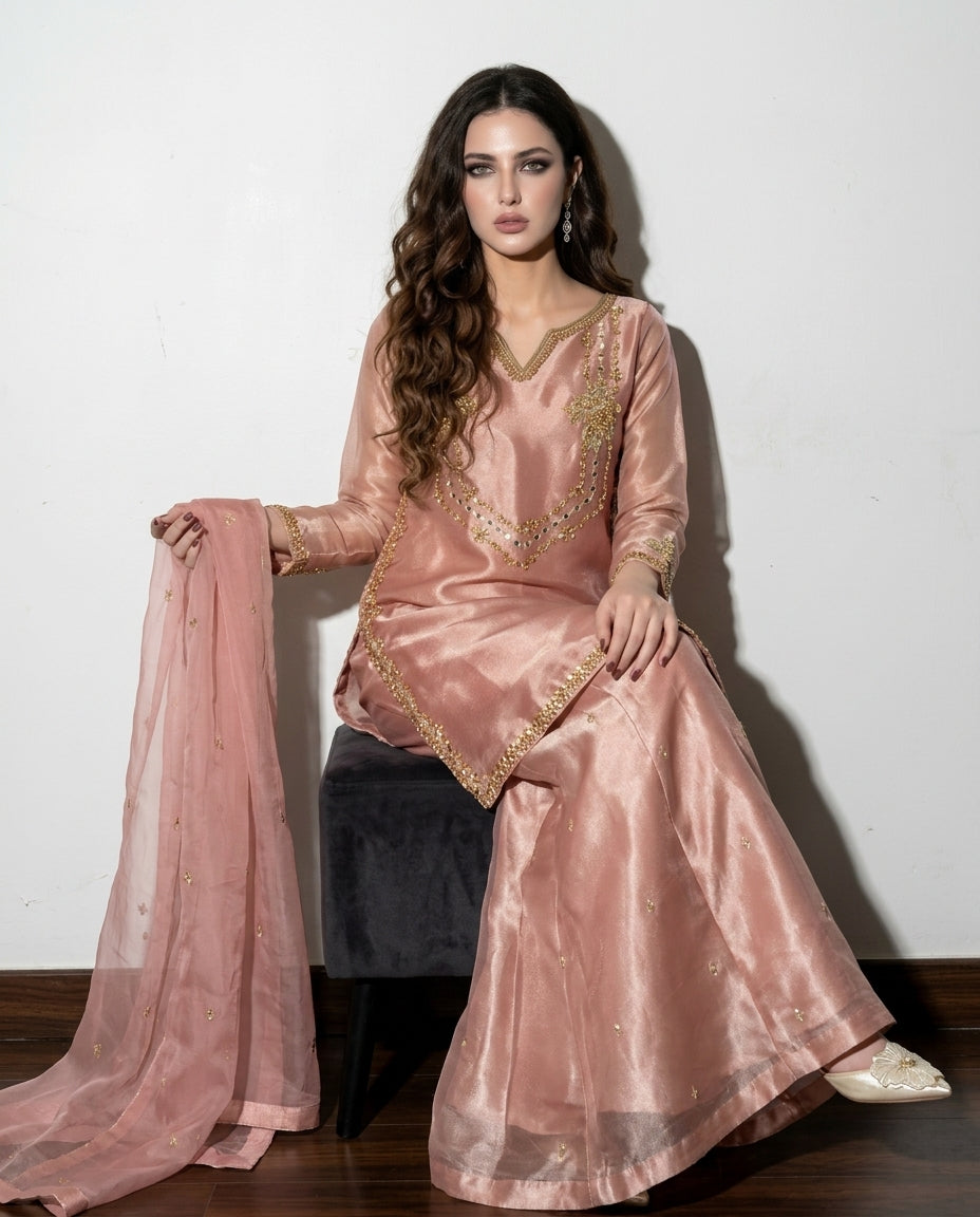 Rose Gold Hand-Embroidered Sharara 3-Piece Set