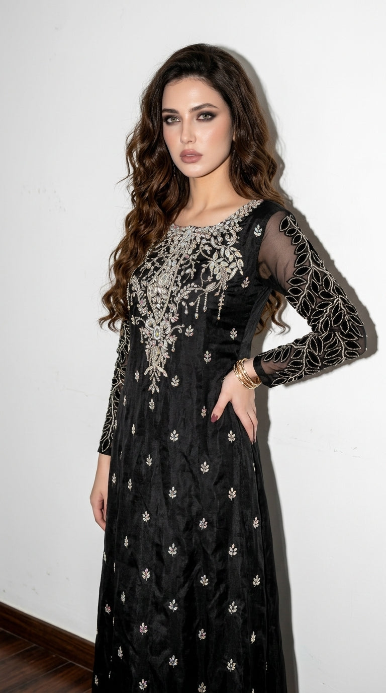 Glimmer Black Dress - Side Pose Story Shot Studio Background | Armia Official