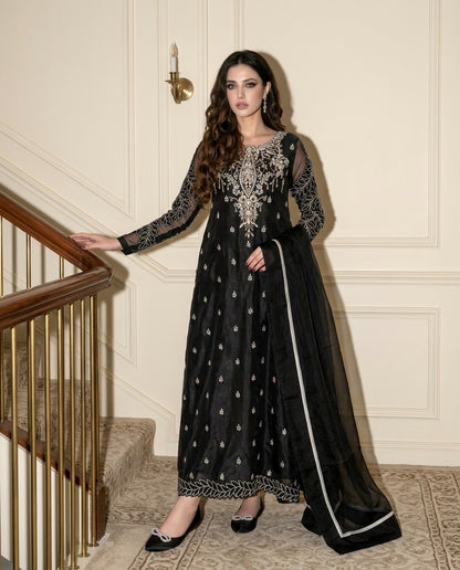 Glimmer Black Dress with Organza Dupatta - Interior Staircase Full Length View | Armia Official