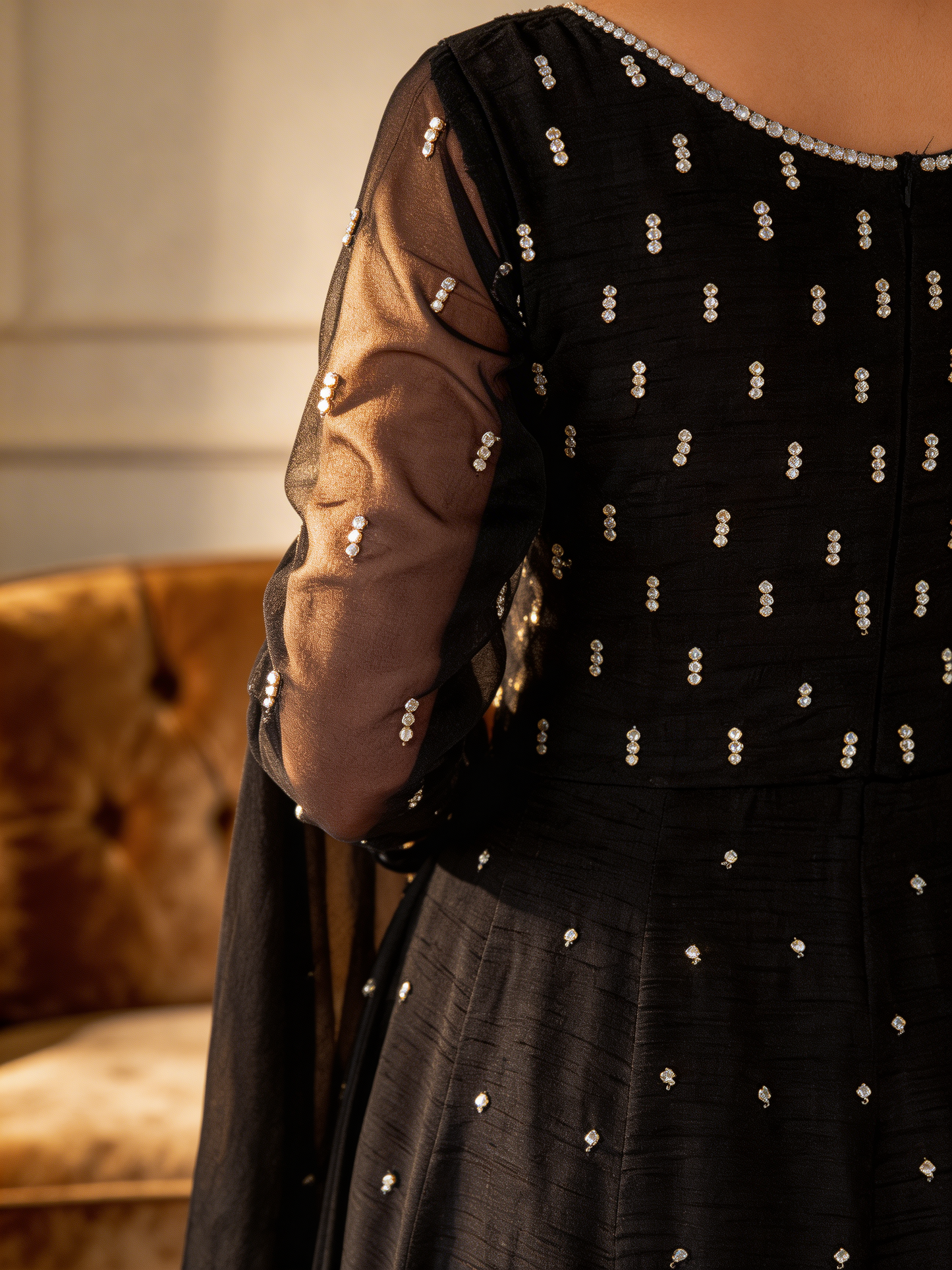 Moonlight Dress Close-Up - Pearl & Silver Embellishment Detail on Organza Sleeve | Armia Official