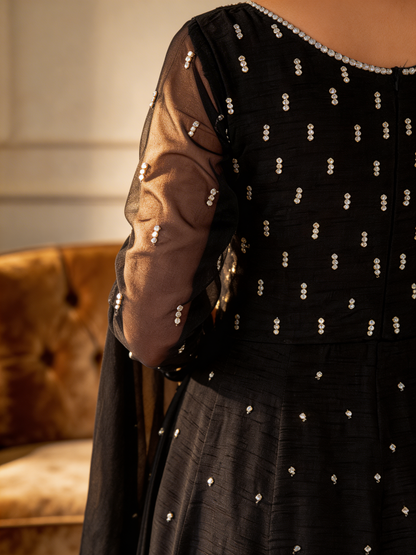 Moonlight Dress Close-Up - Pearl & Silver Embellishment Detail on Organza Sleeve | Armia Official
