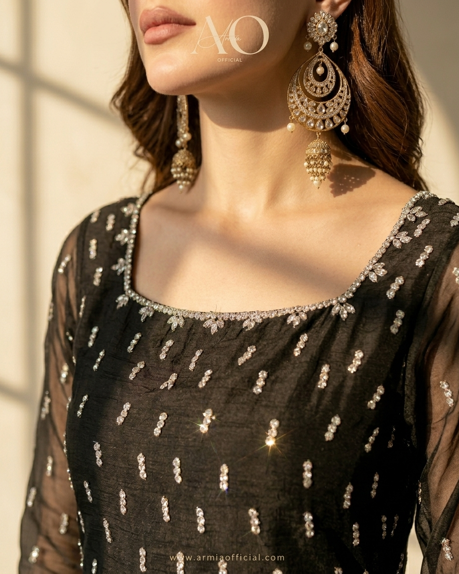 Moonlight Dress Close-Up - Embroidered Neckline with Gold Jhumka Earrings Detail | Armia Official