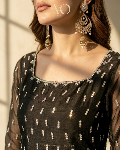 Moonlight Dress Close-Up - Embroidered Neckline with Gold Jhumka Earrings Detail | Armia Official
