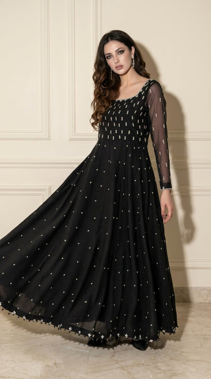 Moonlight Black Organza Maxi Dress - Full Length Studio Shot with Silver Embellishments | Armia Official