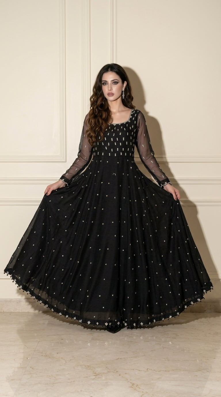 Moonlight Black Organza Maxi Dress - Studio Full Length Front View | Armia Official