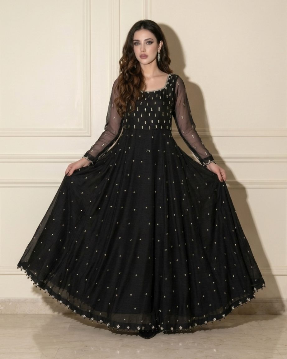 Moonlight Black Dress - Studio Wide Angle View Showing Flared Hem | Armia Official