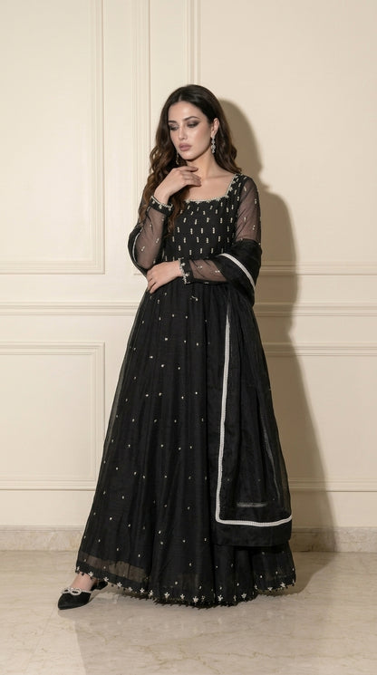 Moonlight Black Maxi Dress - Studio Full Length Shot with Dupatta | Armia Official
