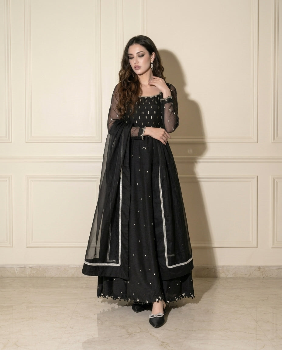 Moonlight Black Korean Silk Dress - Studio Front View with Sheer Sleeves | Armia Official