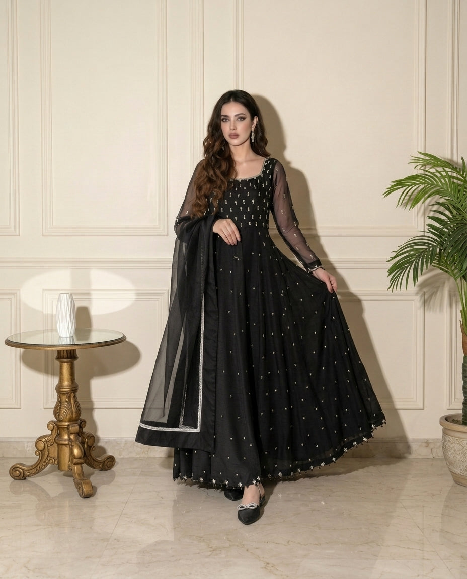 Moonlight Black Dress with Dupatta - Elegant Studio Setting with Table | Armia Official