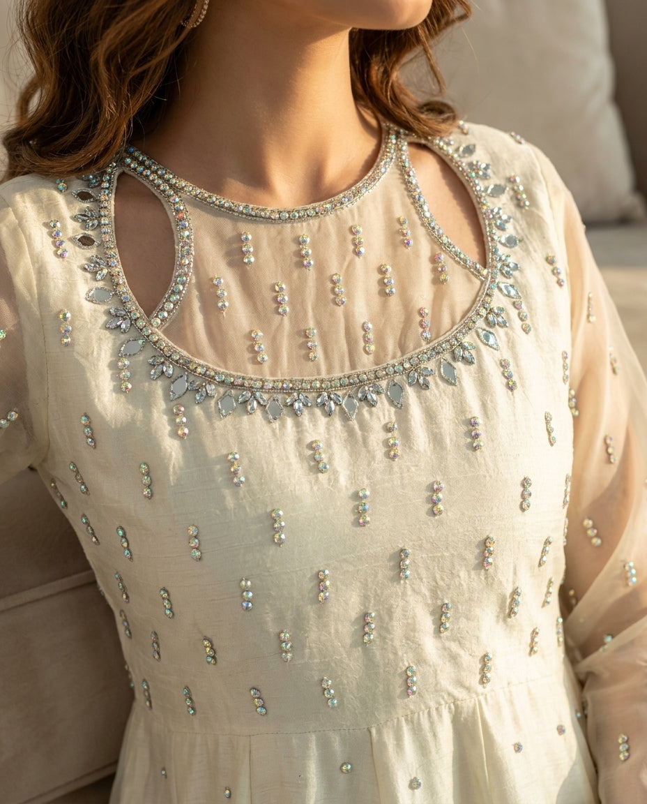 Noor Ivory Dress - Rhinestone & Pearl Embellished Neckline Close Up | Armia Official