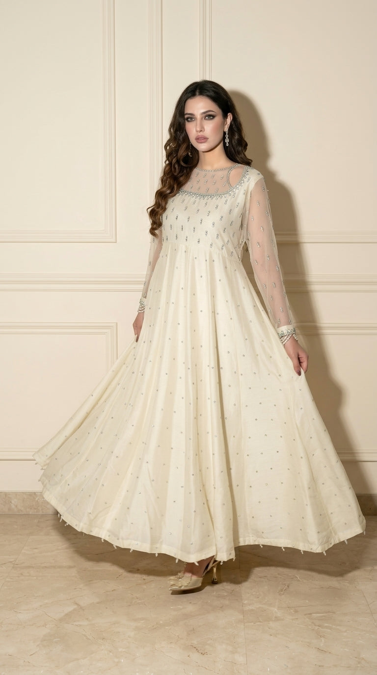 Noor Embroidered Ivory Pakistani Maxi Dress - Standing Full Length View | Armia Official
