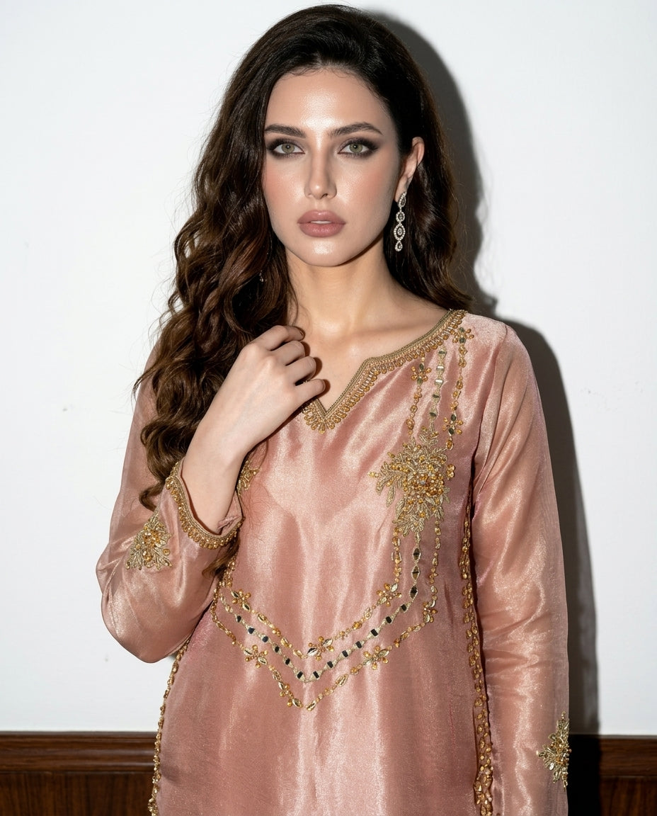 Rose Gold Hand-Embroidered Sharara 3-Piece Set