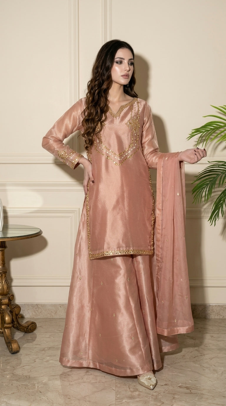 Rose Gold Hand-Embroidered Sharara 3-Piece Set