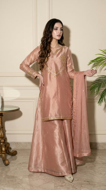 Rose Gold Hand-Embroidered Sharara 3-Piece Set