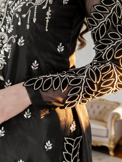 Glimmer Dress - 3D Velvet Leaf Embroidery Sleeve Close Up with Swarovski Stones | Armia Official