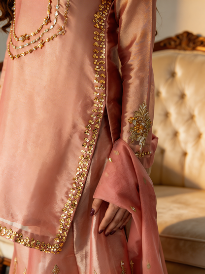 Rose Gold Hand-Embroidered Sharara 3-Piece Set