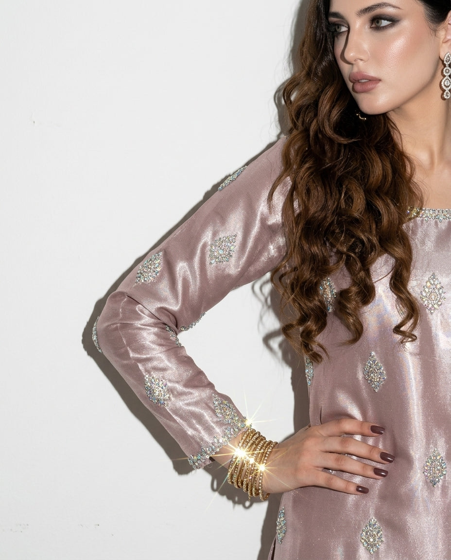 Starlight Embroidered Kaftan Dress - Pure Tissue Silk Set