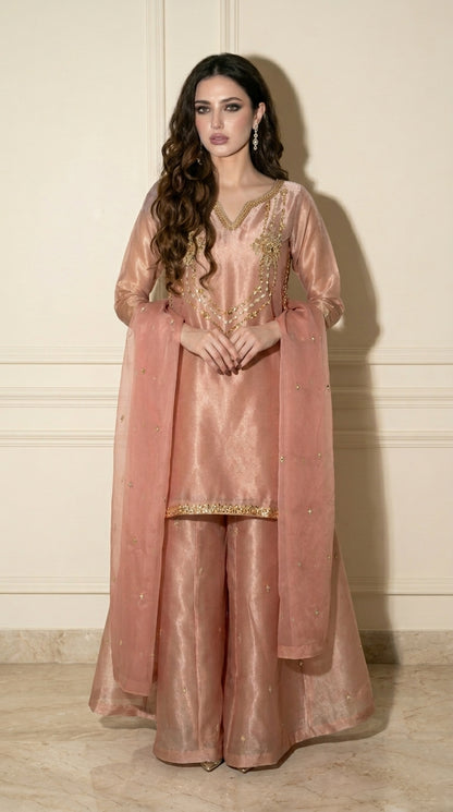 Rose Gold Hand-Embroidered Sharara 3-Piece Set