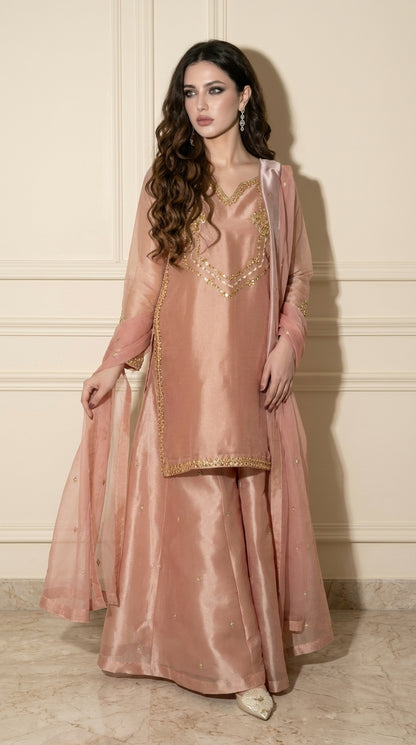 Rose Gold Hand-Embroidered Sharara 3-Piece Set