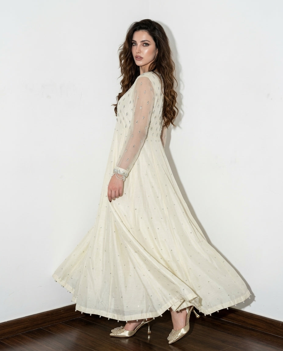 Noor Embroidered Ivory - Formal Maxi Dress with Organza Dupatta