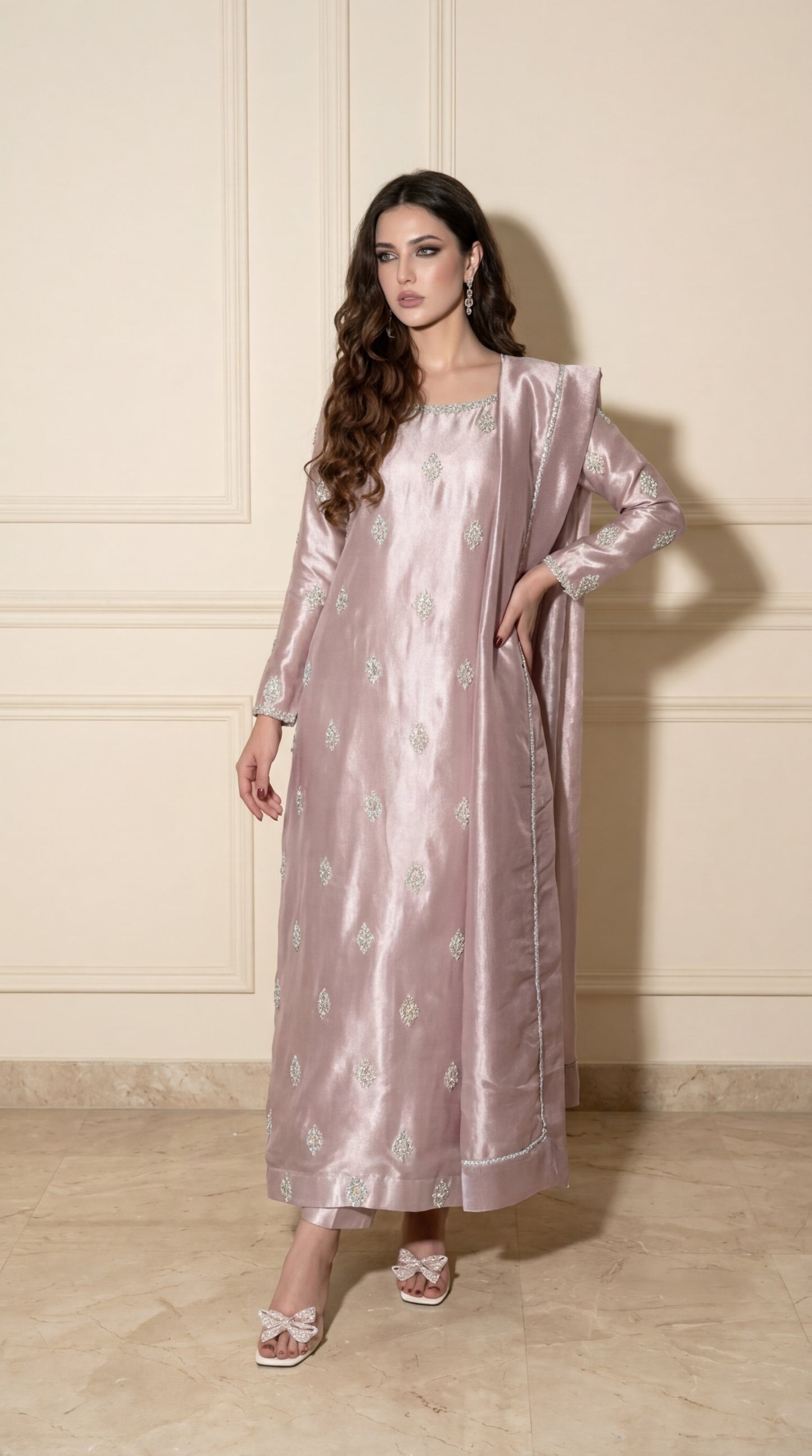 Starlight Tissue Silk Kaftan with Jacket - Full Length Studio Shot | Armia Official