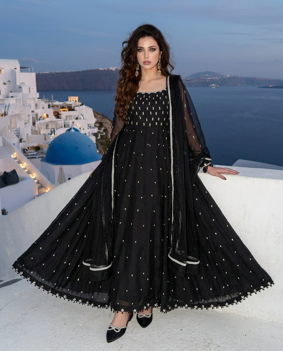 Moonlight Korean Silk Dress - Standing with Dupatta on Rooftop Santorini | Armia Official