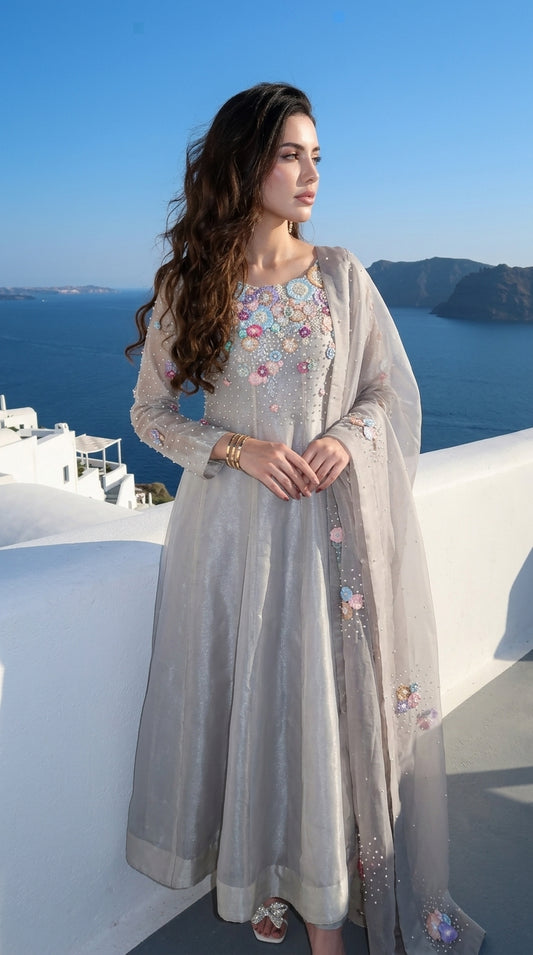 Blossom Paneled Maxi Dress - Pure Tissue Silk with Pearls