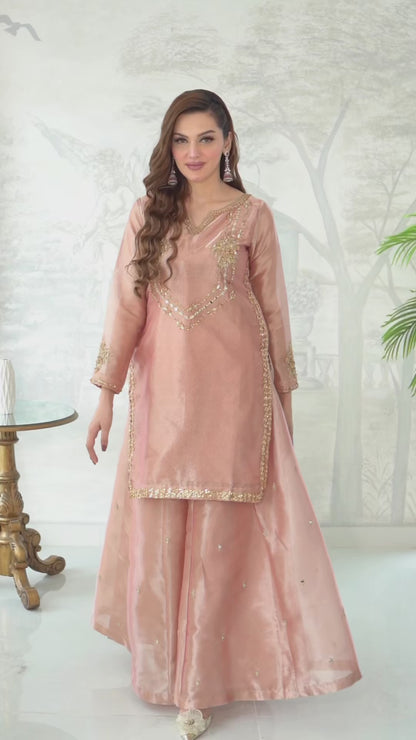 Rose embroidered Pakistani wedding guest sharara dress by Armia Official
