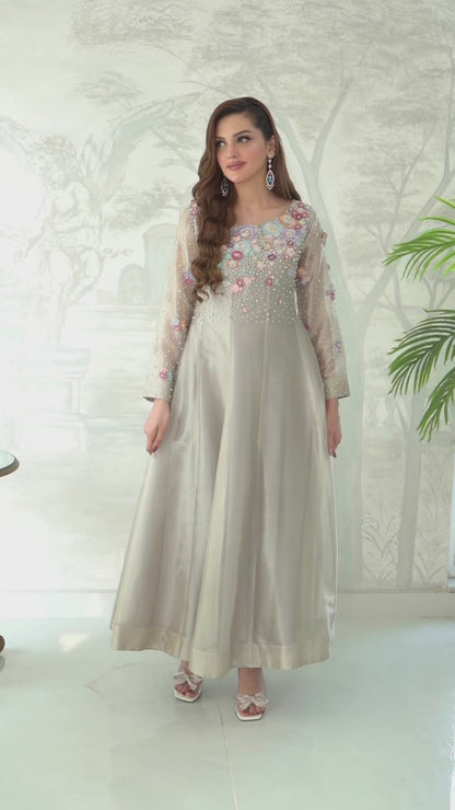 Blossom Paneled Maxi Dress - Pure Tissue Silk with Pearls