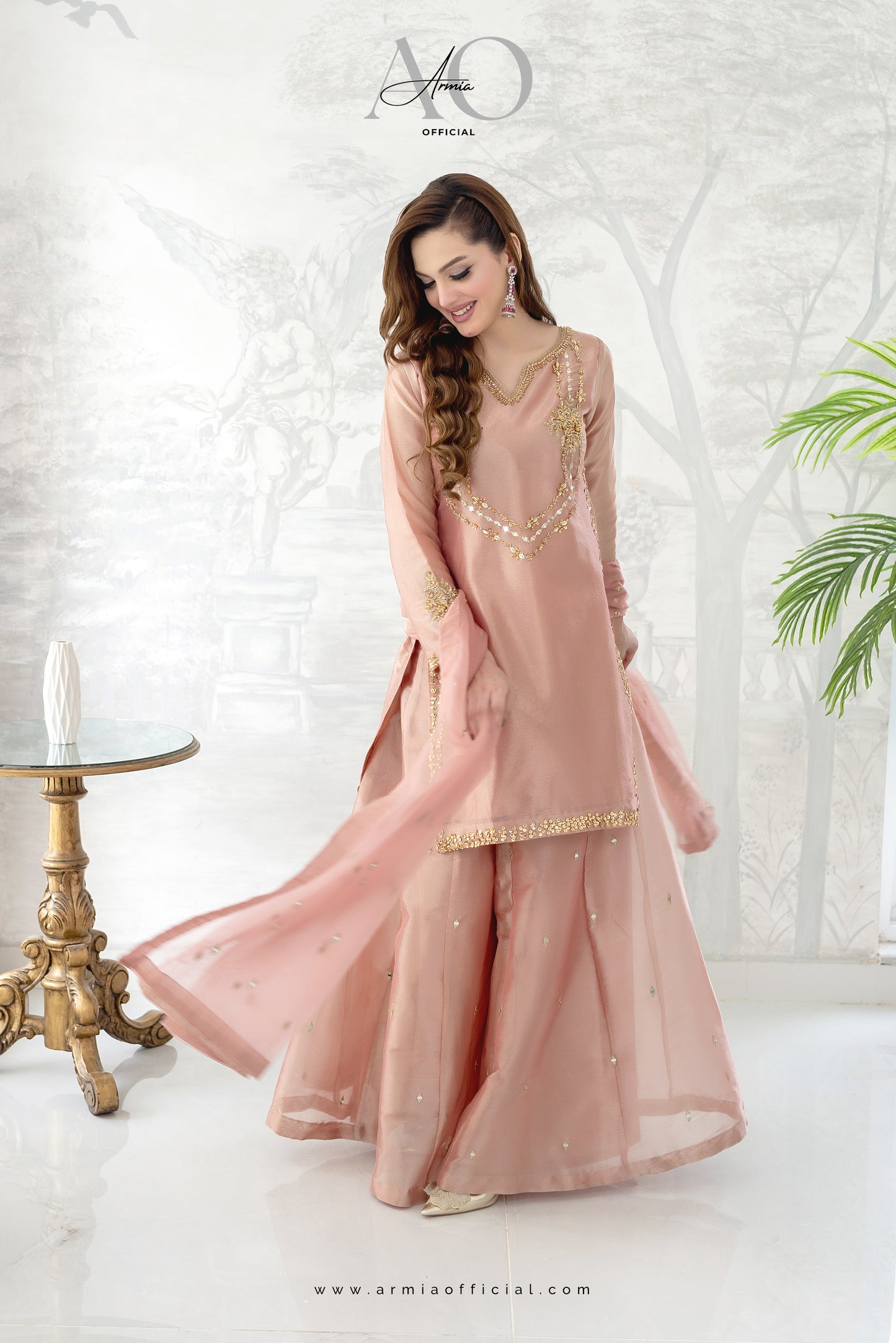 Rose embroidered Pakistani wedding guest sharara dress by Armia Official