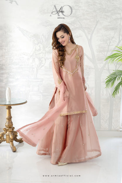 Rose embroidered Pakistani wedding guest sharara dress by Armia Official